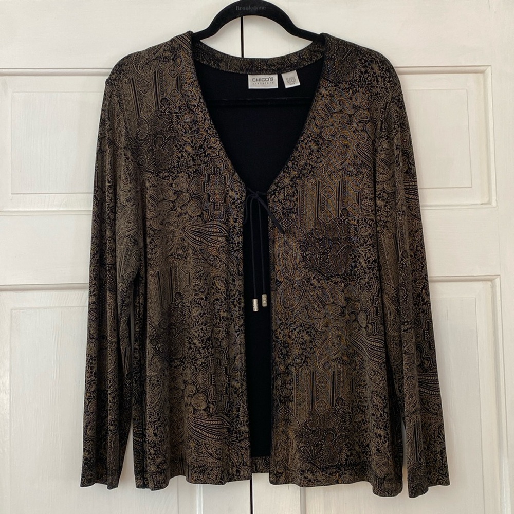 Chico’s Size 2 Travelers Tie Cardigan Embellished Black Metallic Chicos Large